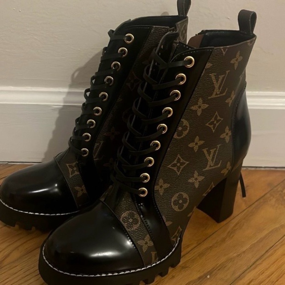 Louis Vuitton Monogram Black and Brown Lace-Up Boots - Picture 3 of 4